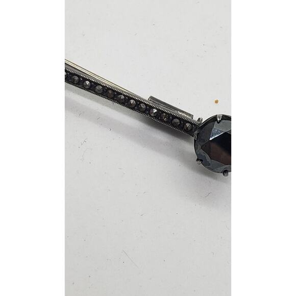 Antique Victorian Bar Brooch Sterling Silver Marcasite Spinel Trombone Clasp Vtg - Picture 8 of 10